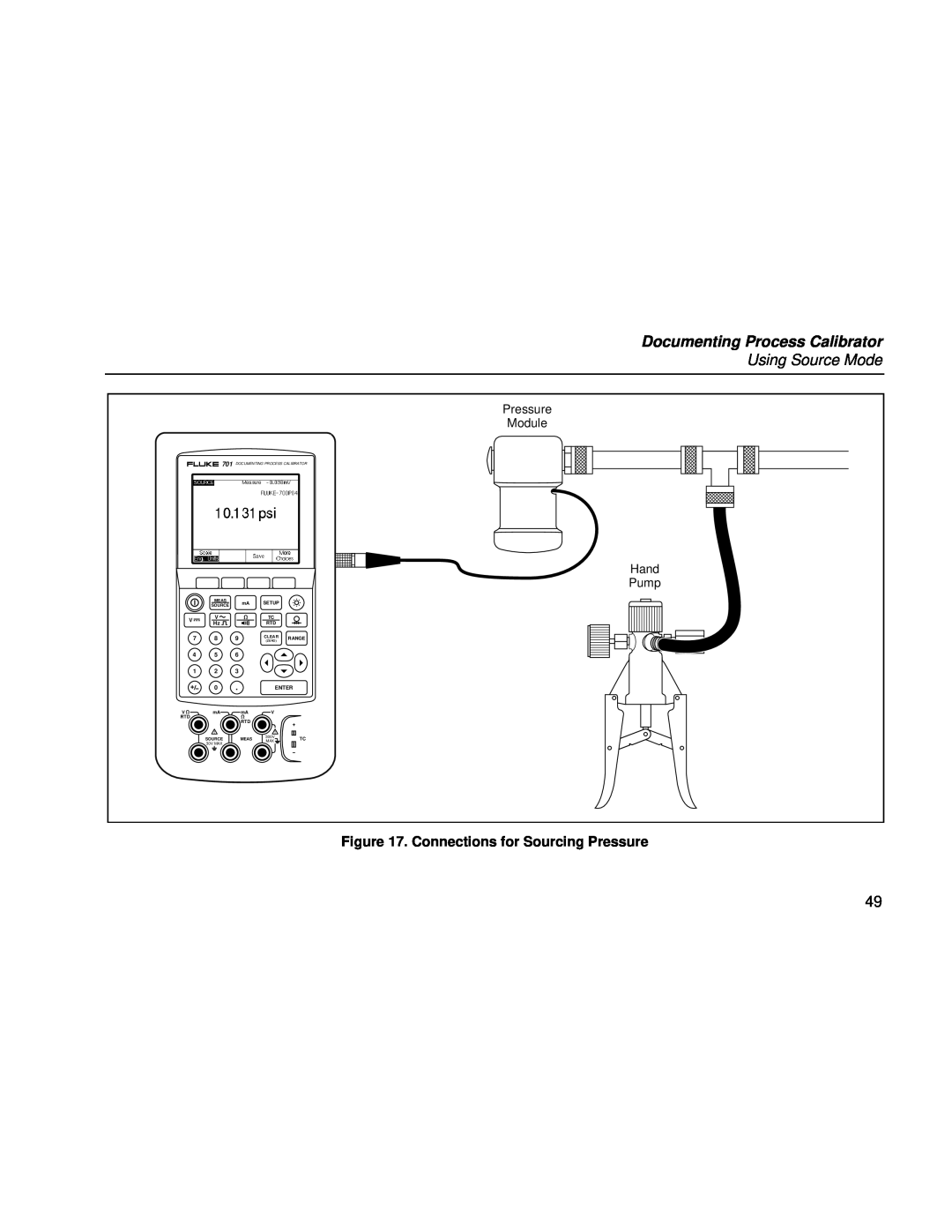 Fluke Rev. 4 Documenting Process Calibrator, Using Source Mode, Connections for Sourcing Pressure, Pressure Module, Enter 