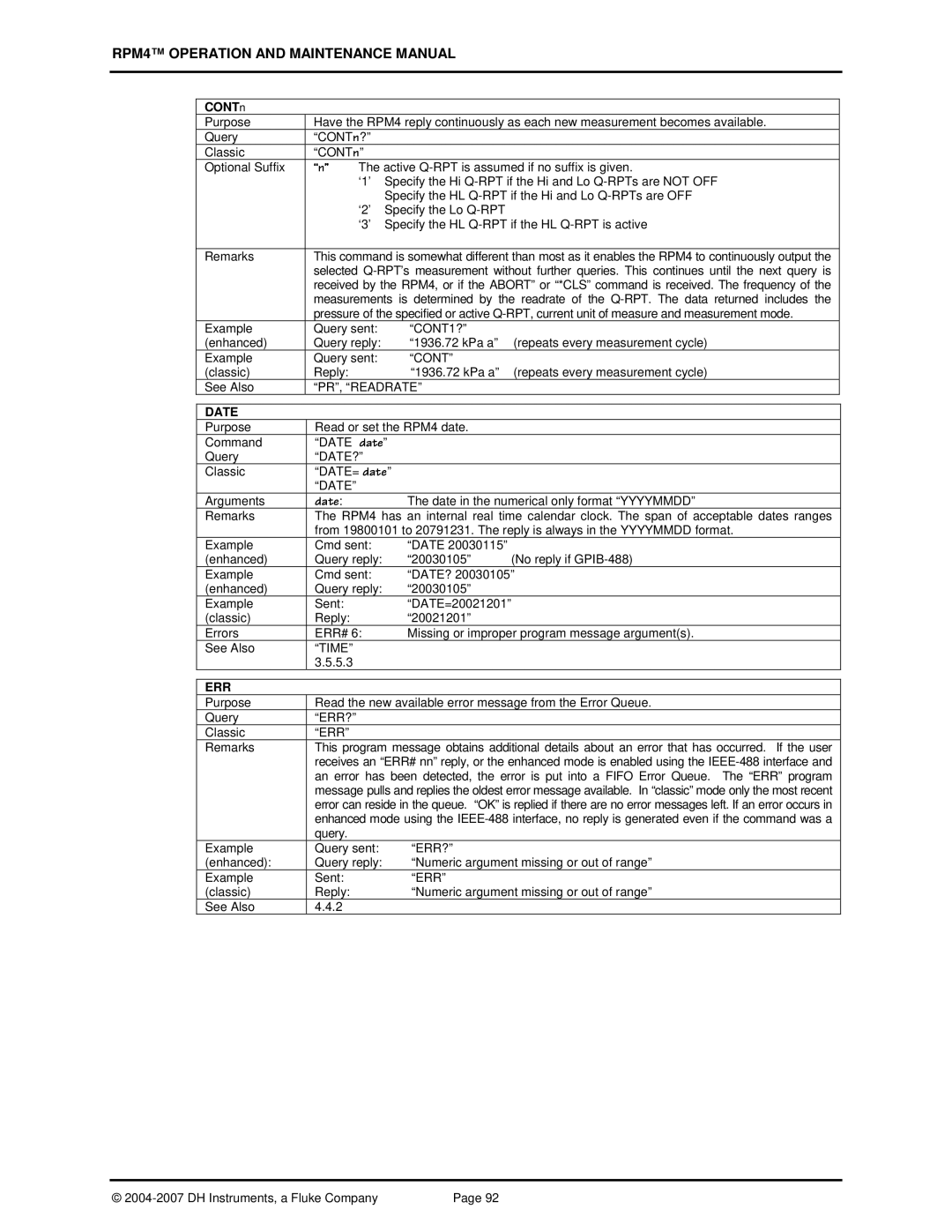 Fluke RPM4 manual CONTn, Date 