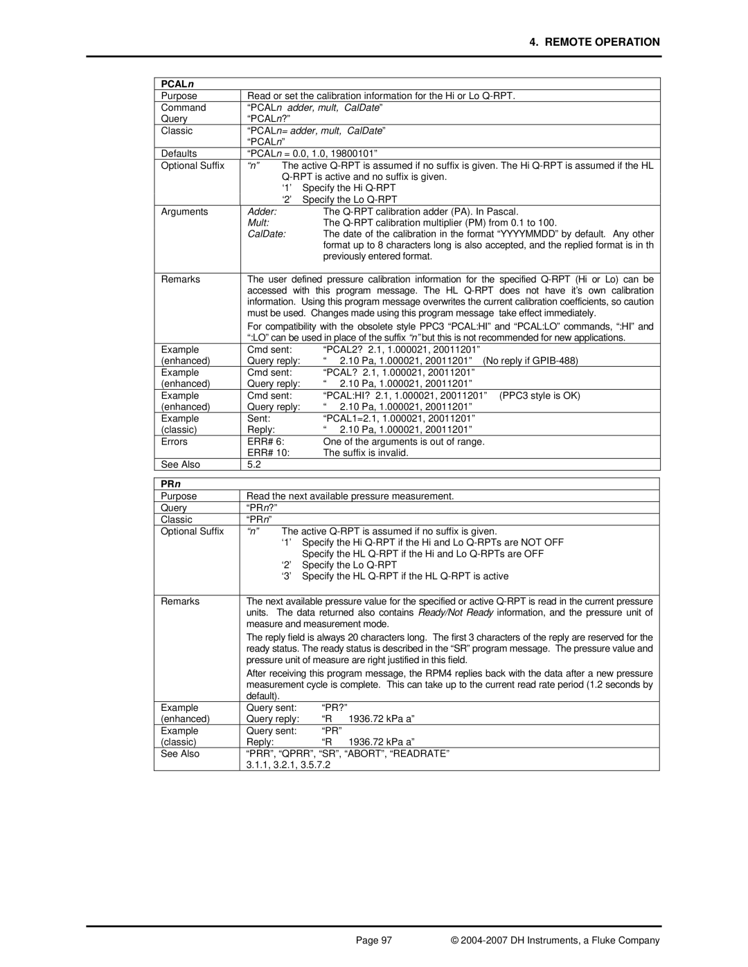 Fluke RPM4 manual Adder, mult CalDate, PCALn= adder, mult CalDate, PRn, PRR, QPRR, SR, ABORT, Readrate 