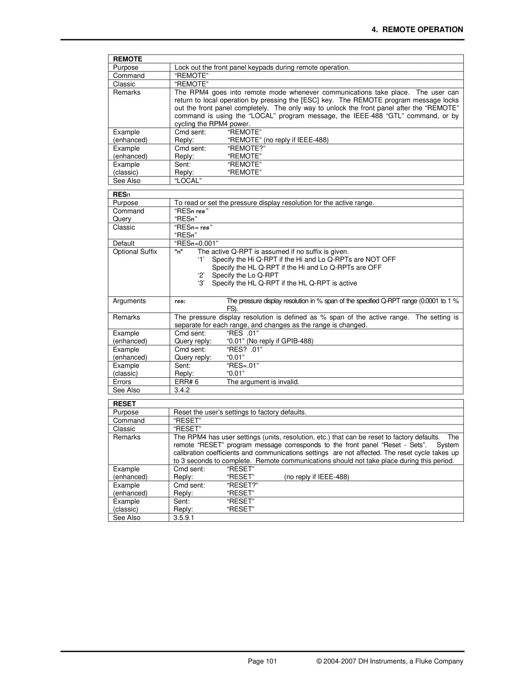 Fluke RPM4 manual Remote?, RESn, Reset? 