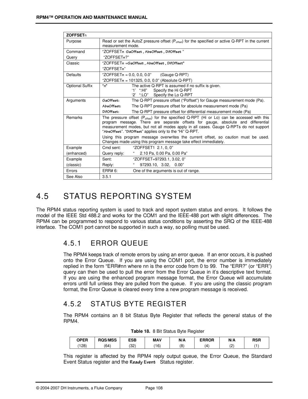 Fluke RPM4 manual Status Reporting System, Error Queue, Status Byte Register, ZOFFSETn, Oper RQS/MSS ESB MAV Error RSR 