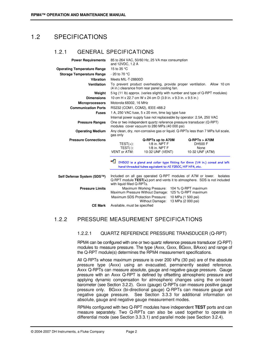 Fluke RPM4 General Specifications, Pressure Measurement Specifications, Quartz Reference Pressure Transducer Q-RPT 