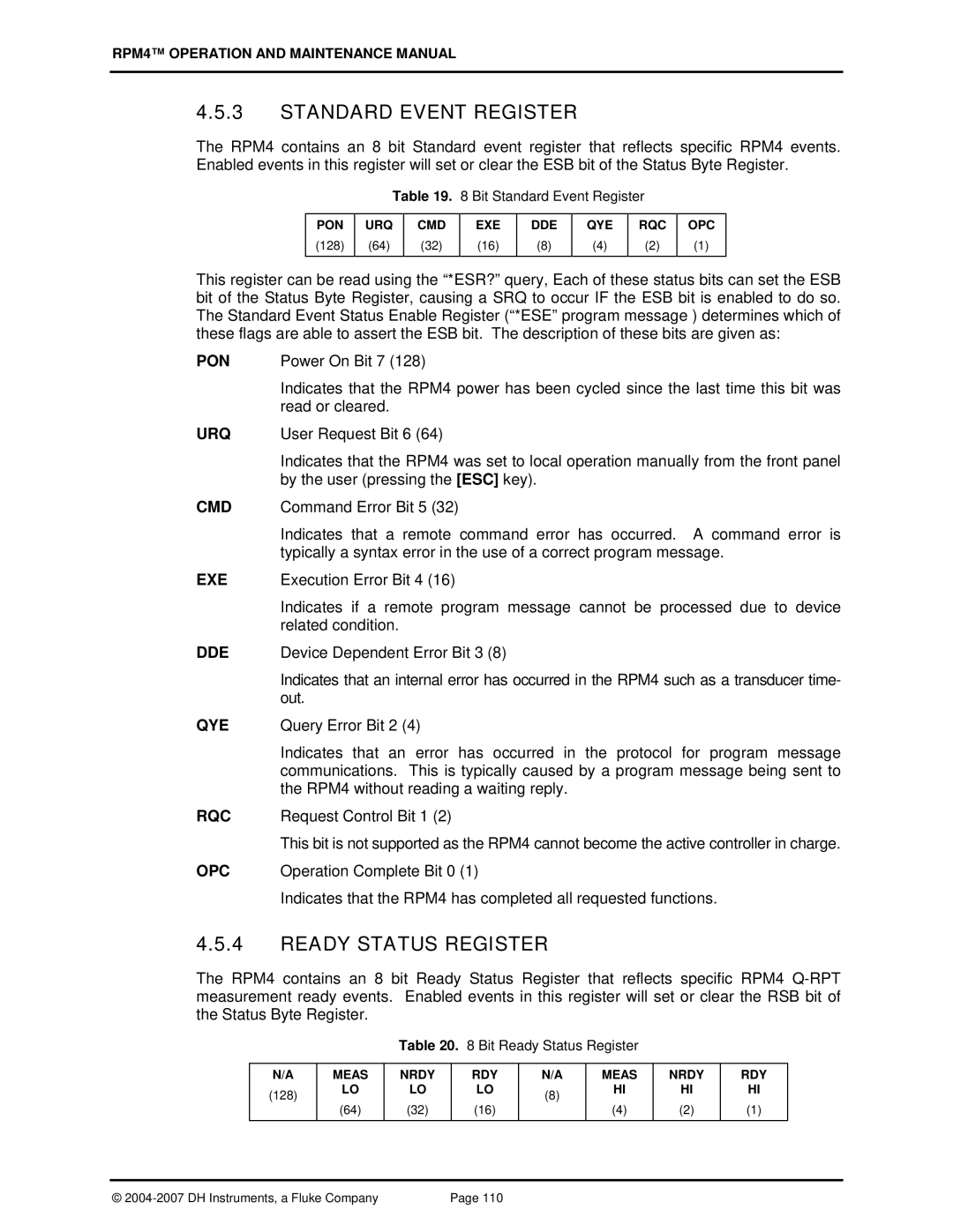 Fluke RPM4 manual Standard Event Register, Ready Status Register, Pon Urq Cmd Exe Dde Qye Rqc Opc, Meas Nrdy RDY 