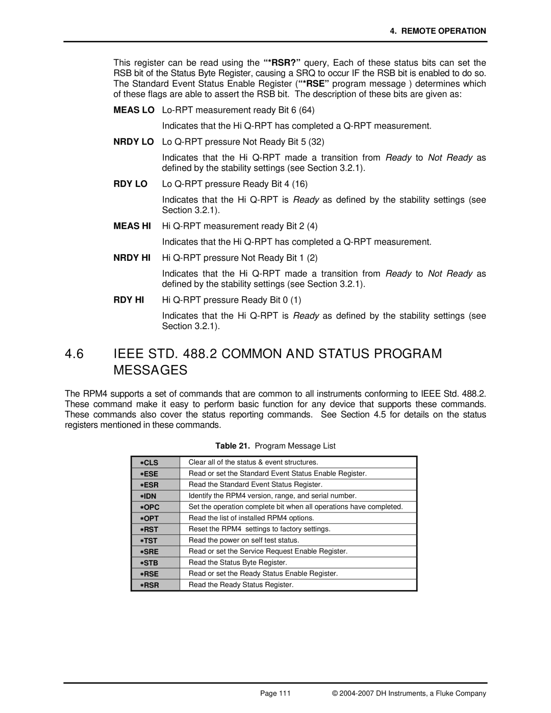 Fluke RPM4 manual Ieee STD .2 Common and Status Program Messages 