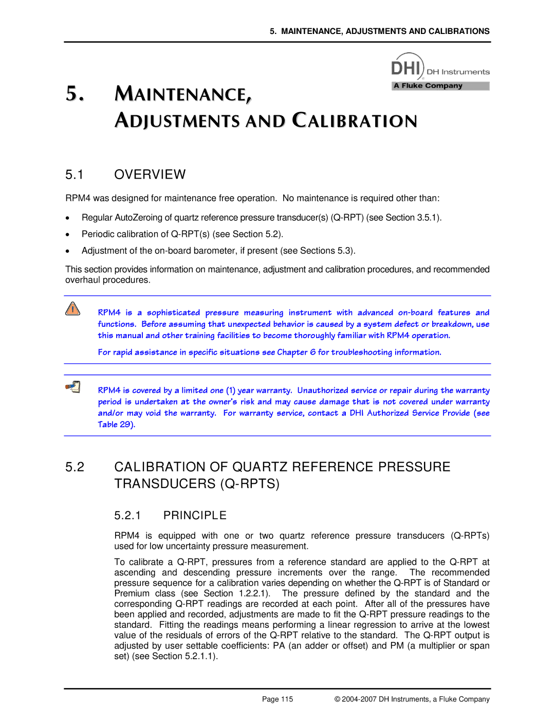 Fluke RPM4 Maintenance Adjustments and Calibration, Calibration of Quartz Reference Pressure Transducers Q-RPTS, Principle 