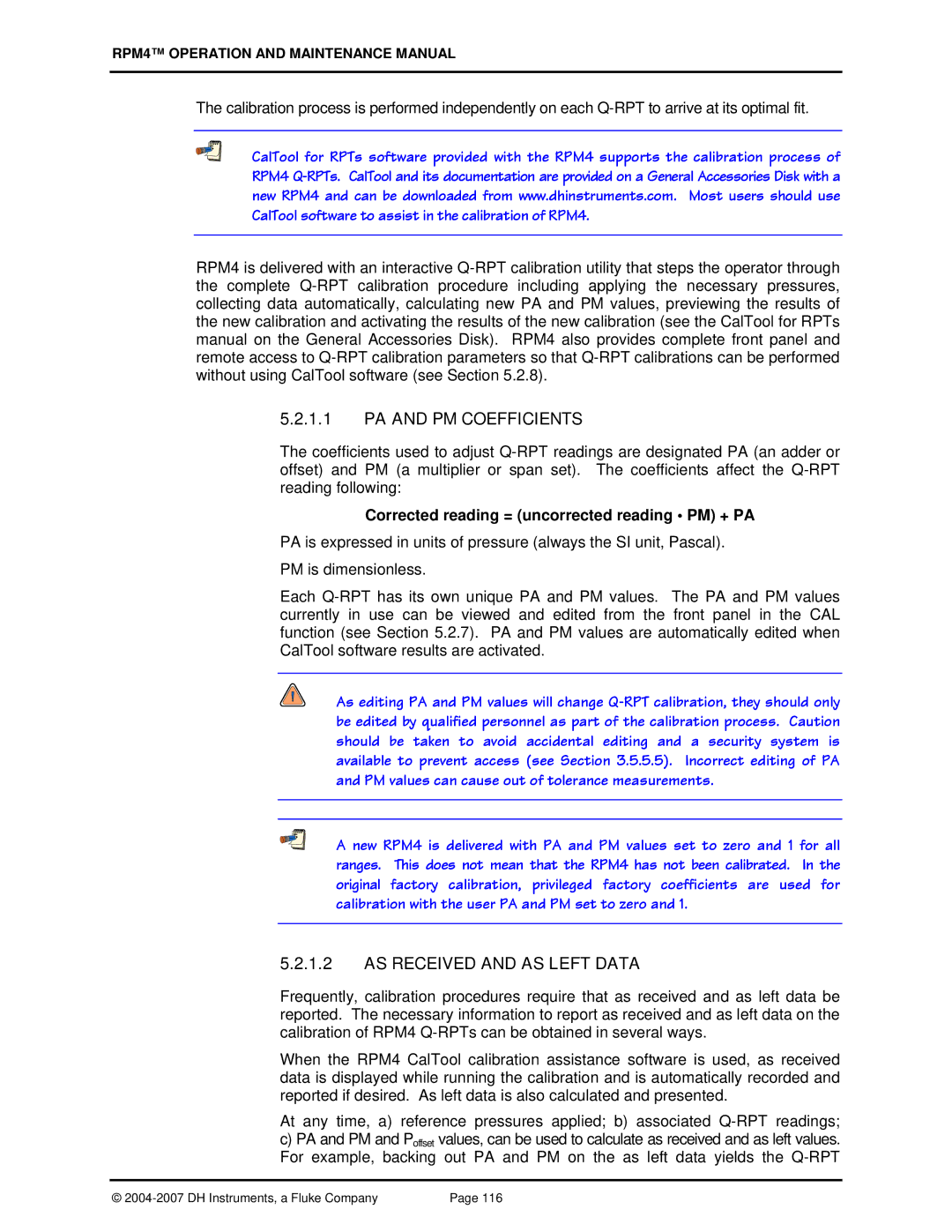 Fluke RPM4 manual PA and PM Coefficients, AS Received and AS Left Data, Corrected reading = uncorrected reading PM + PA 