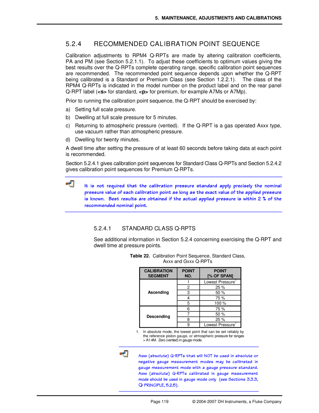 Fluke RPM4 manual Recommended Calibration Point Sequence, Standard Class Q-RPTS, Calibration Point Segment, Point Span 