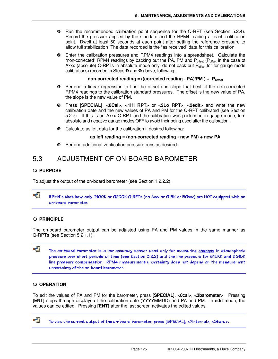 Fluke RPM4 manual Adjustment of ON-BOARD Barometer, Non-corrected reading = corrected reading PA/PM + Poffset 