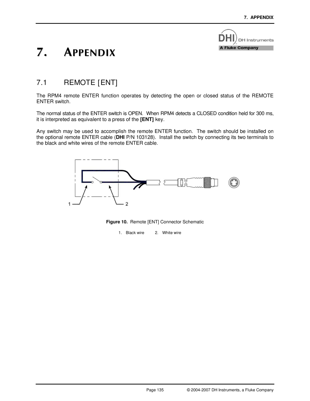 Fluke RPM4 manual Appendix, Remote ENT, Black wire White wire DH Instruments, a Fluke Company 