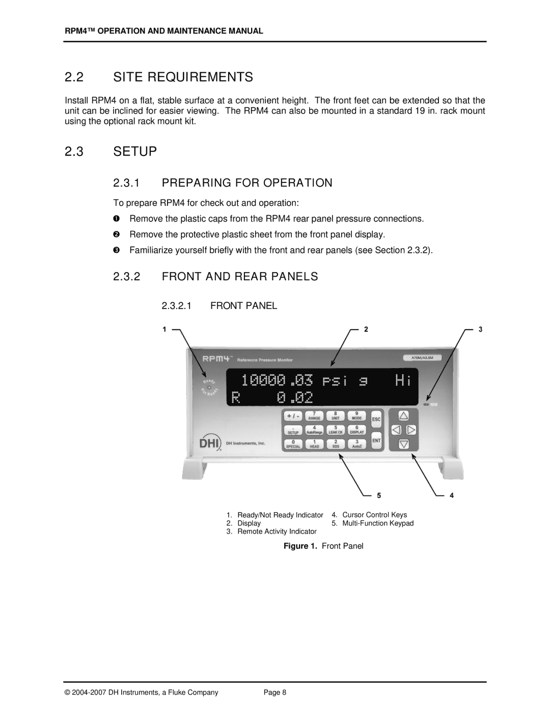 Fluke RPM4 manual Site Requirements, Setup, Preparing for Operation, Front and Rear Panels, Front Panel 