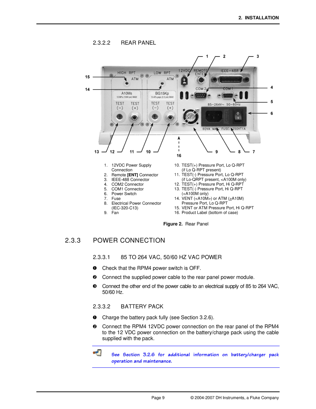 Fluke RPM4 manual Power Connection, Rear Panel, 3.1 85 to 264 VAC, 50/60 HZ VAC Power, Battery Pack 