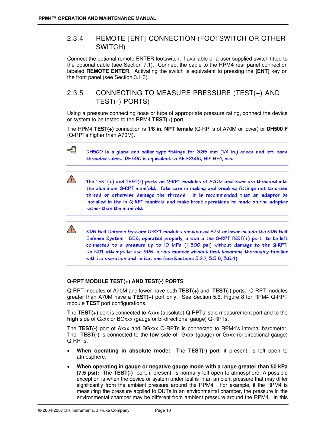 Fluke RPM4 manual Remote ENT Connection Footswitch or Other Switch, Connecting to Measure Pressure TEST+ and TEST- Ports 