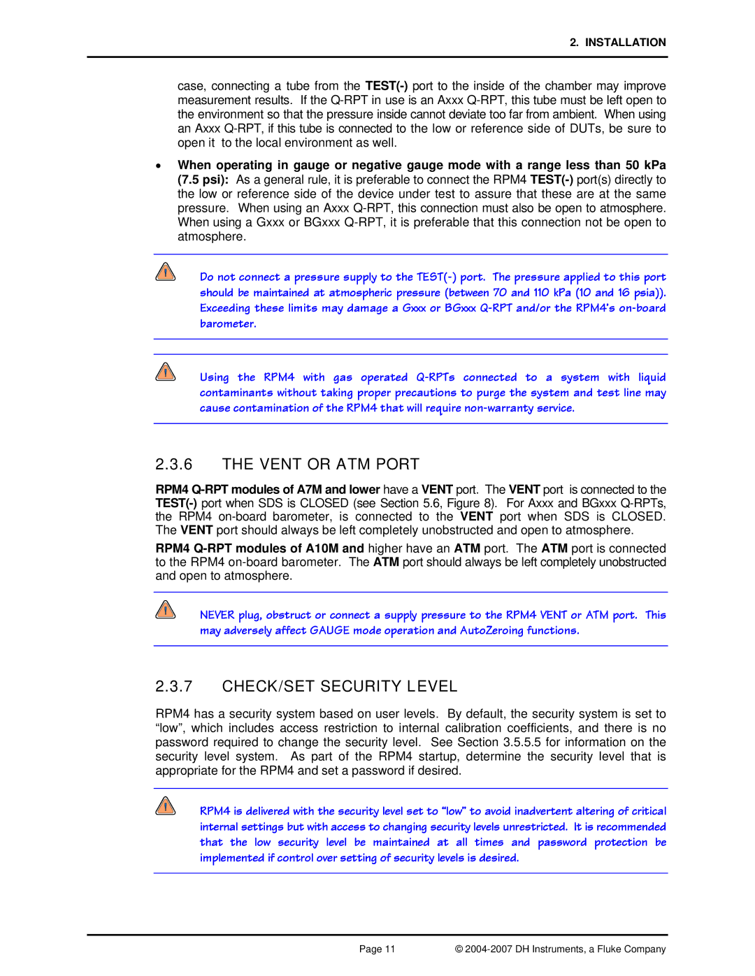 Fluke RPM4 manual Vent or ATM Port, CHECK/SET Security Level 