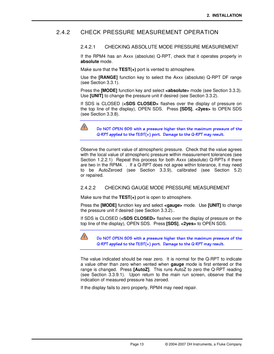 Fluke RPM4 manual Check Pressure Measurement Operation, Checking Absolute Mode Pressure Measurement 