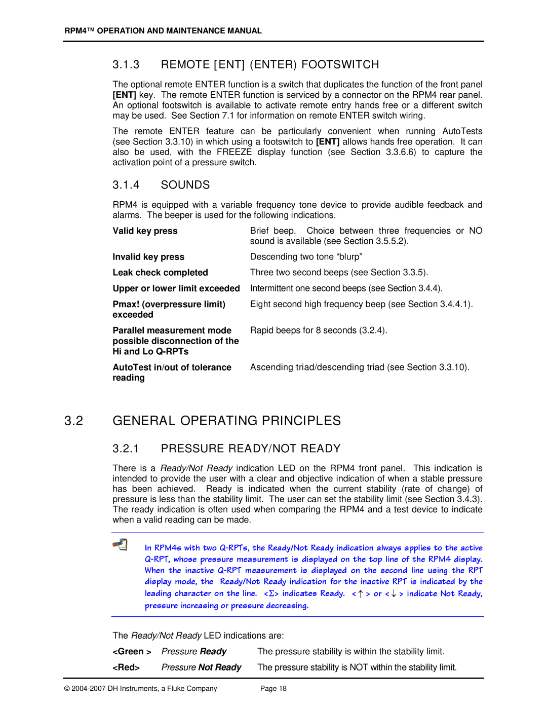 Fluke RPM4 manual General Operating Principles, Remote ENT Enter Footswitch, Sounds, Pressure READY/NOT Ready 