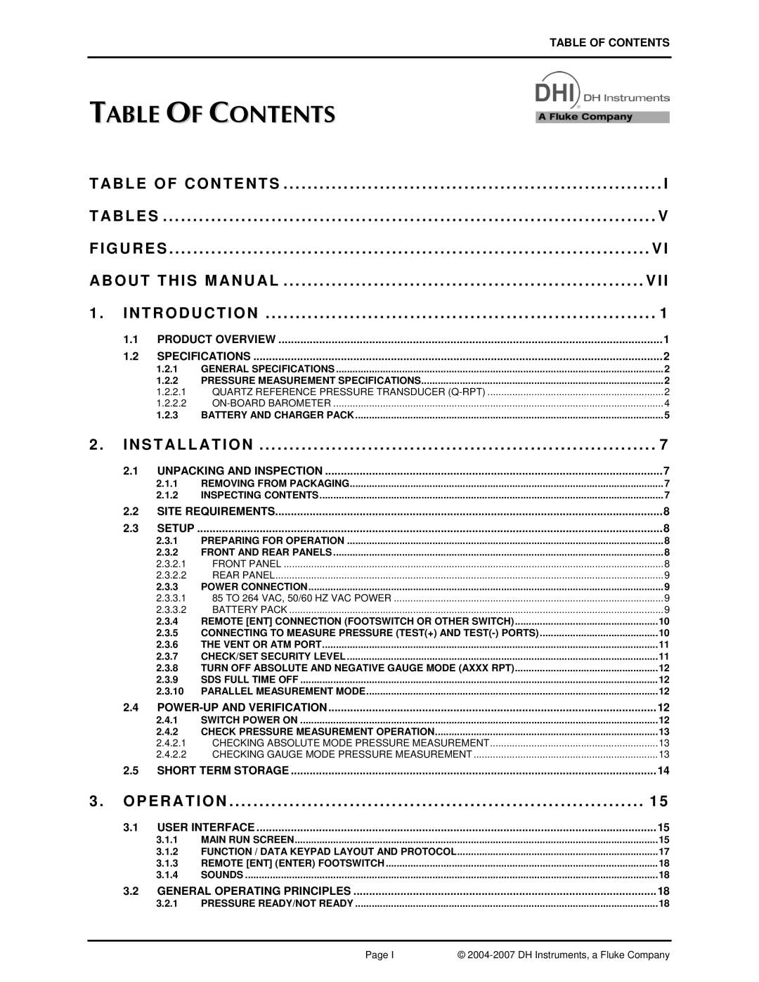 Fluke RPM4 manual Table of Contents 