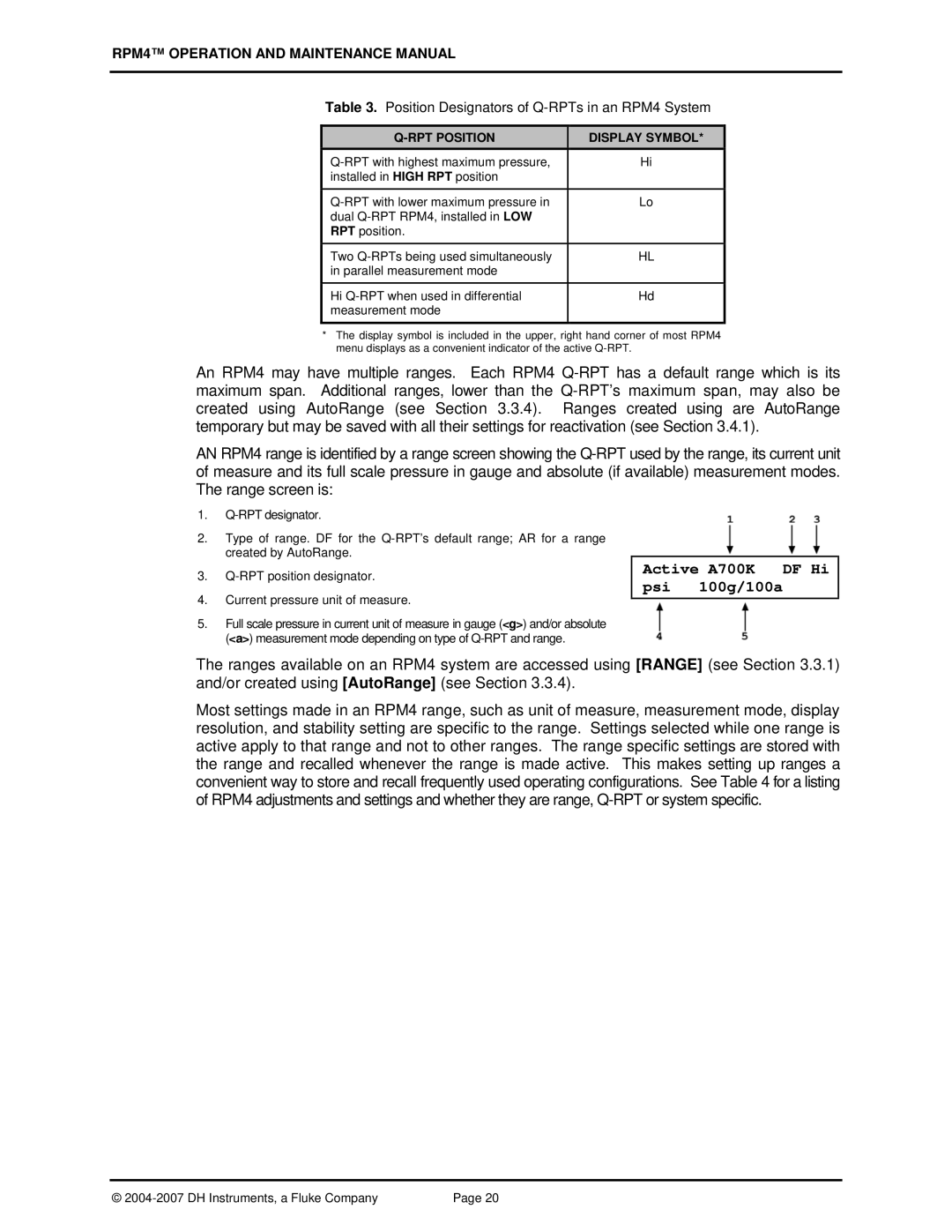 Fluke RPM4 manual Active A700K DF Hi psi 100g/100a, RPT Position, Display Symbol 