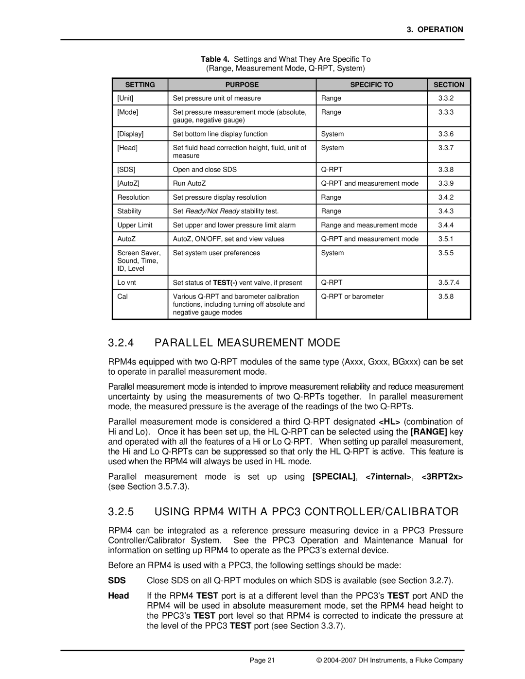 Fluke manual Using RPM4 with a PPC3 CONTROLLER/CALIBRATOR, Setting Purpose Specific to Section, Sds, Open and close SDS 