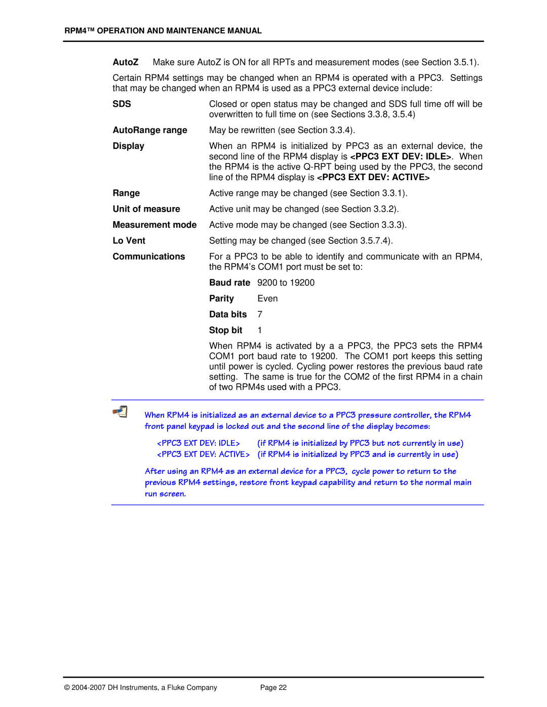 Fluke RPM4 manual AutoRange range, Display, Unit of measure, Measurement mode, Lo Vent, Communications, Baud rate, Parity 