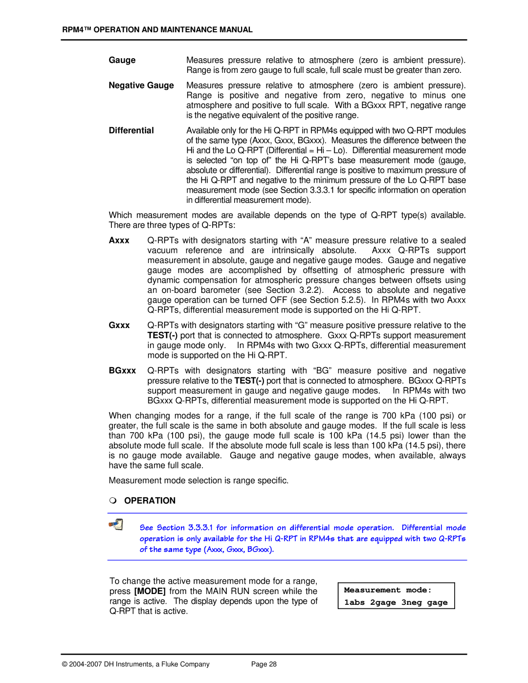 Fluke RPM4 manual Negative Gauge, Differential, Measurement mode 1abs 2gage 3neg gage 
