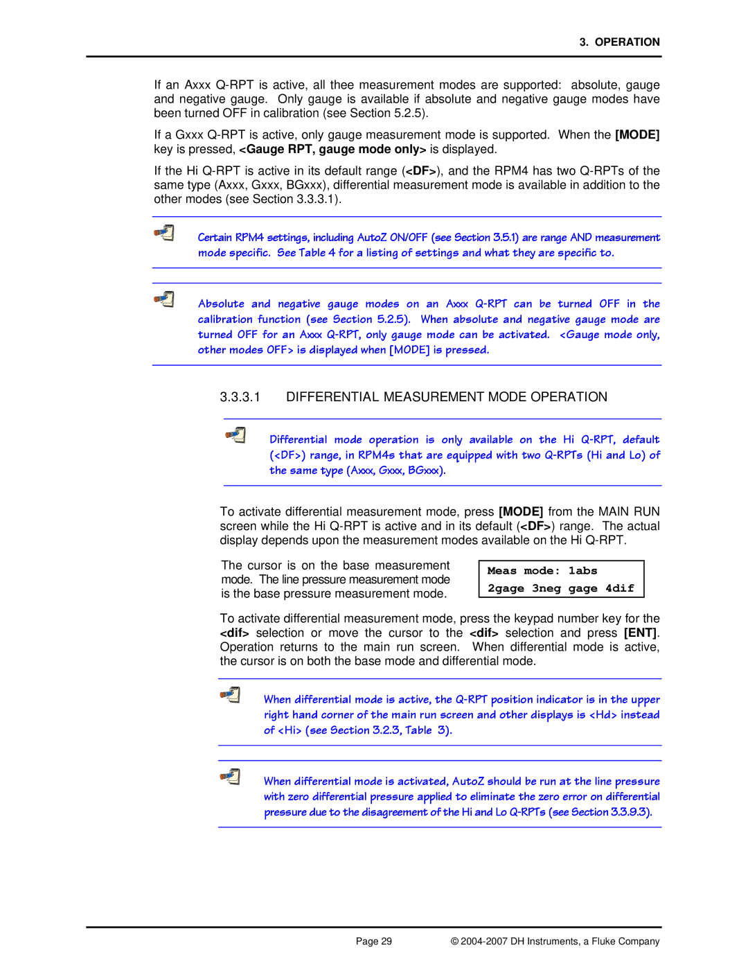 Fluke RPM4 manual Differential Measurement Mode Operation, Meas mode 1abs 2gage 3neg gage 4dif 