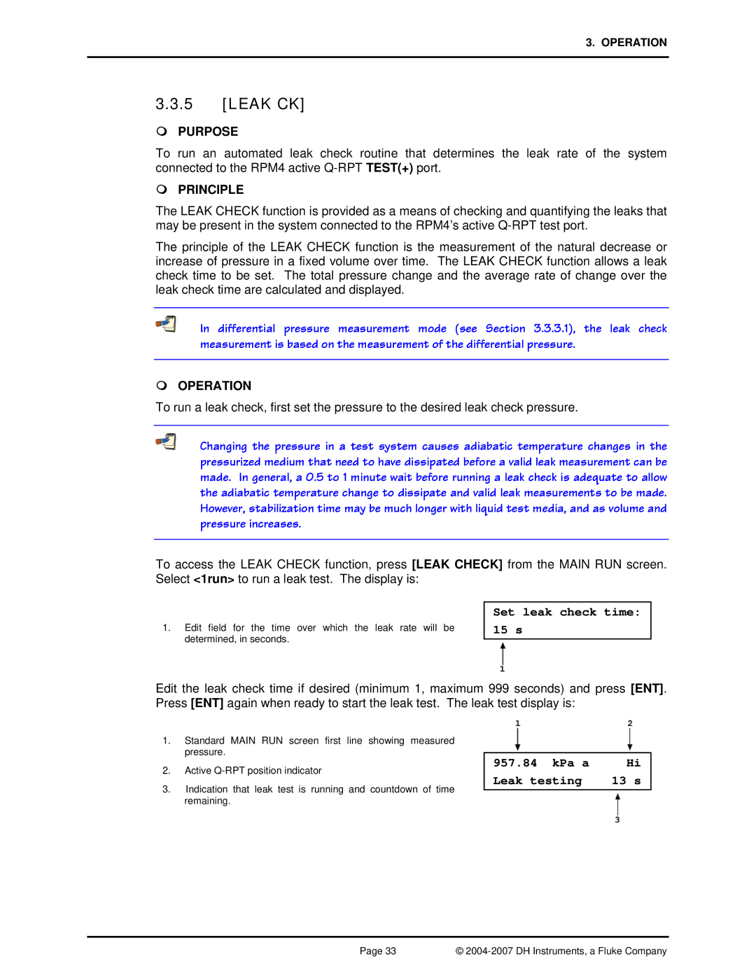 Fluke RPM4 manual Leak CK, Set leak check time 15 s, KPa a Leak testing 13 s 