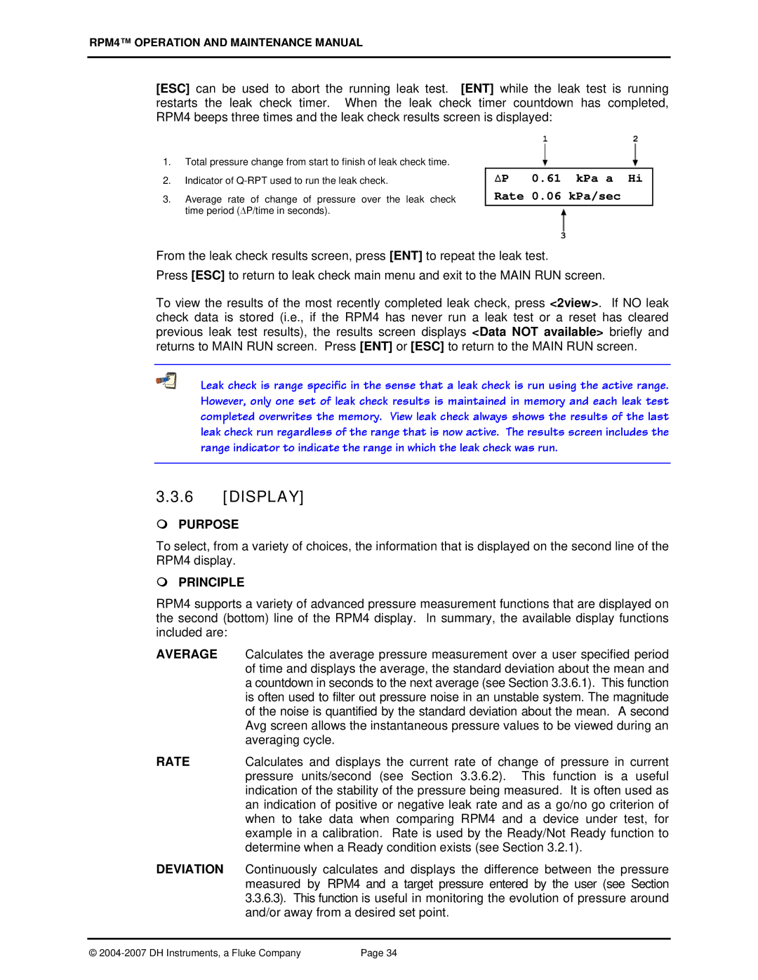 Fluke RPM4 manual Display, ∆P 0.61 kPa a Hi Rate 0.06 kPa/sec 