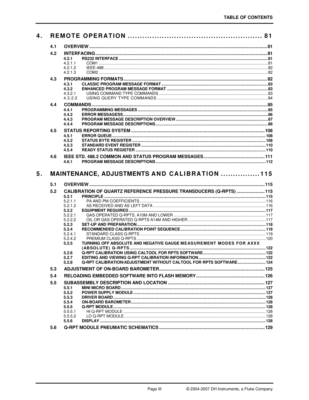 Fluke RPM4 manual Remote Operation, MAINTENANCE, Adjustments and Calibration, 115 