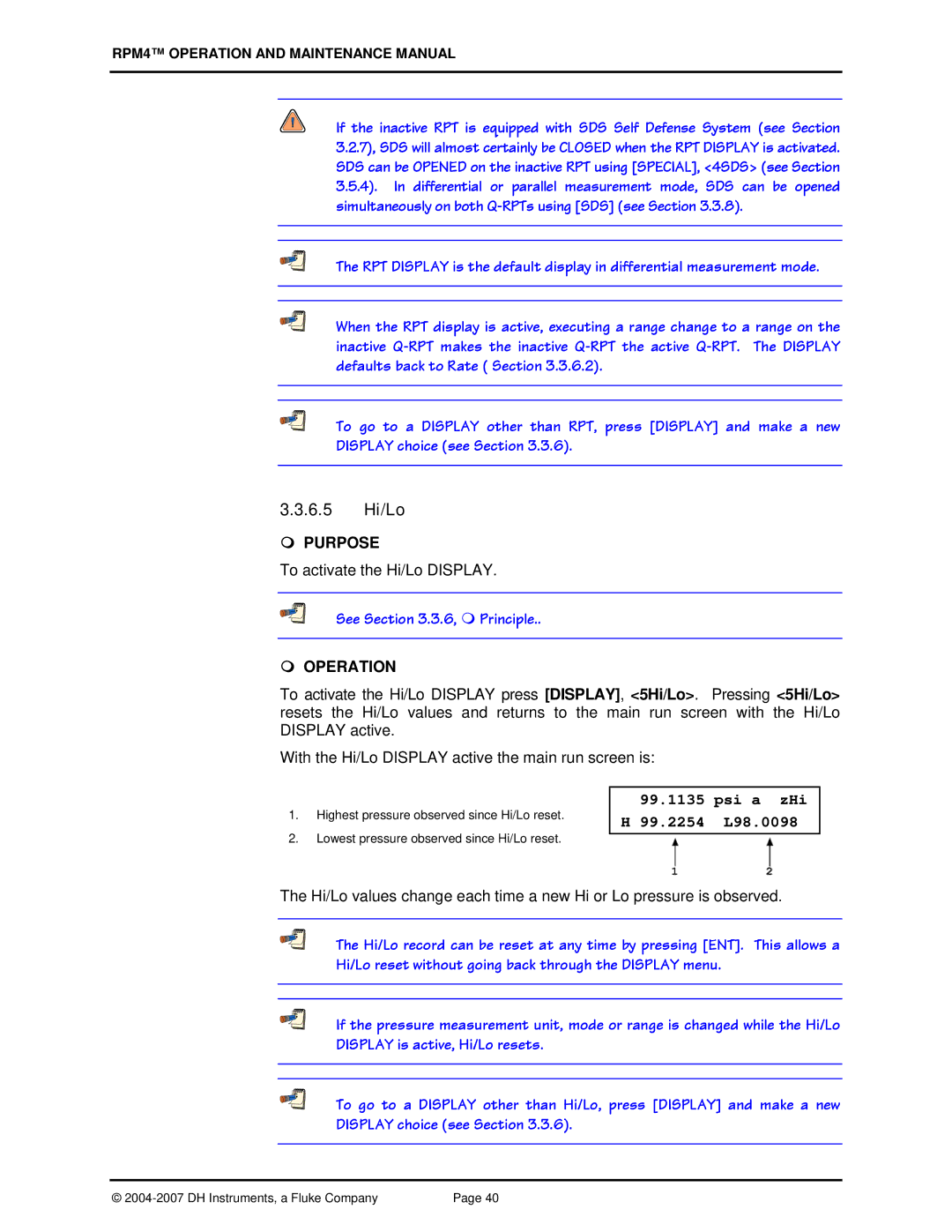 Fluke RPM4 manual 6.5 Hi/Lo, Psi a zHi H 99.2254 L98.0098 