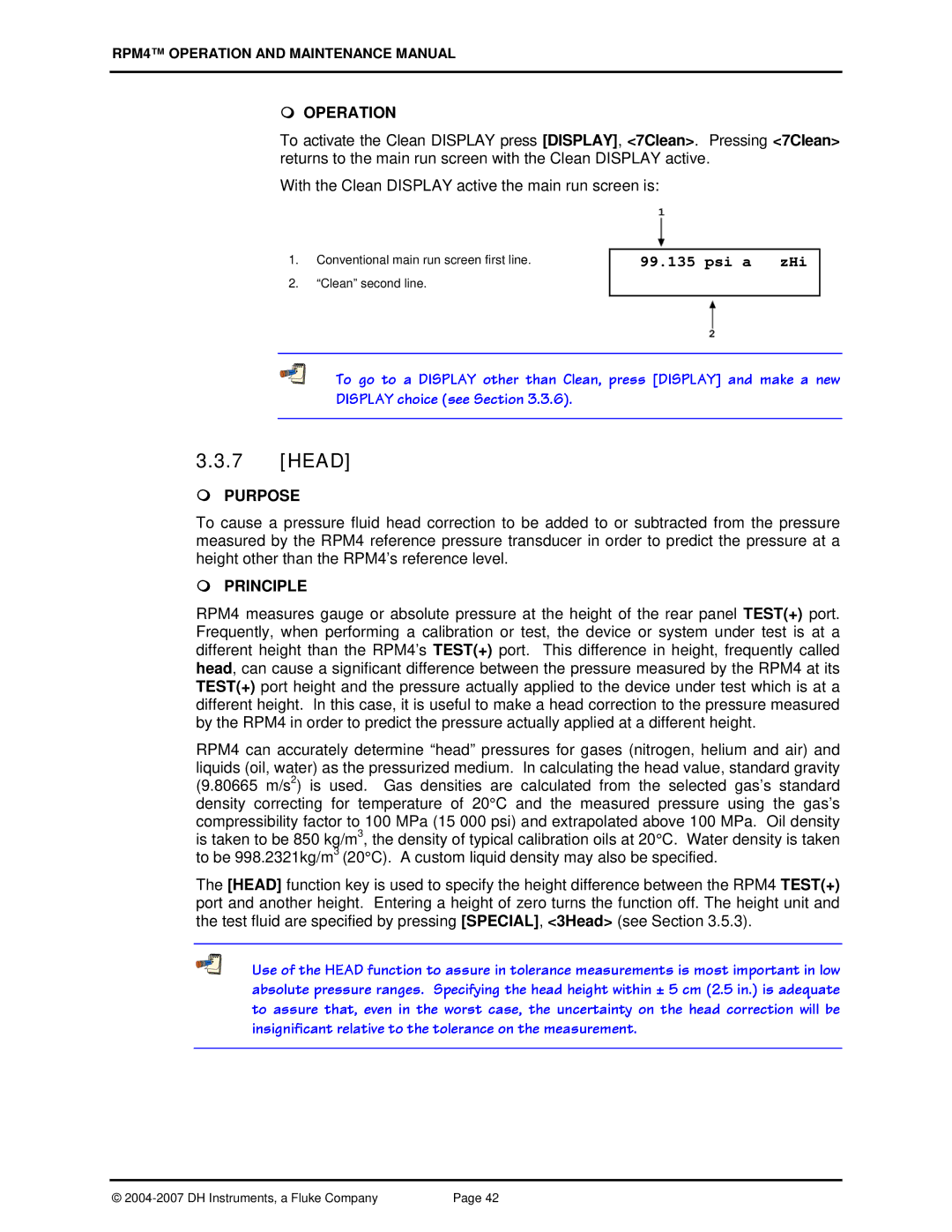Fluke RPM4 manual Head, Psi a zHi, Conventional main run screen first line Clean second line 