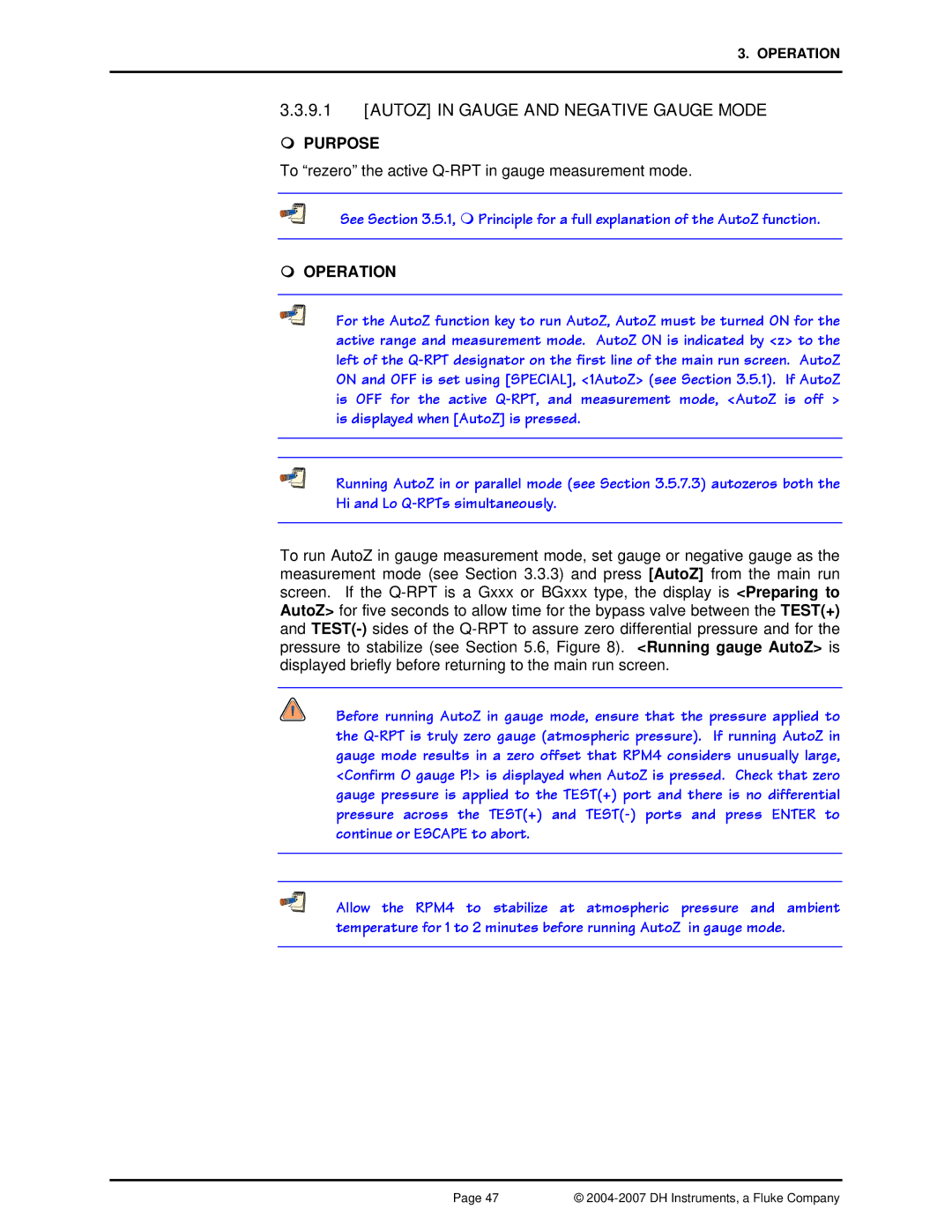 Fluke RPM4 manual Autoz in Gauge and Negative Gauge Mode 