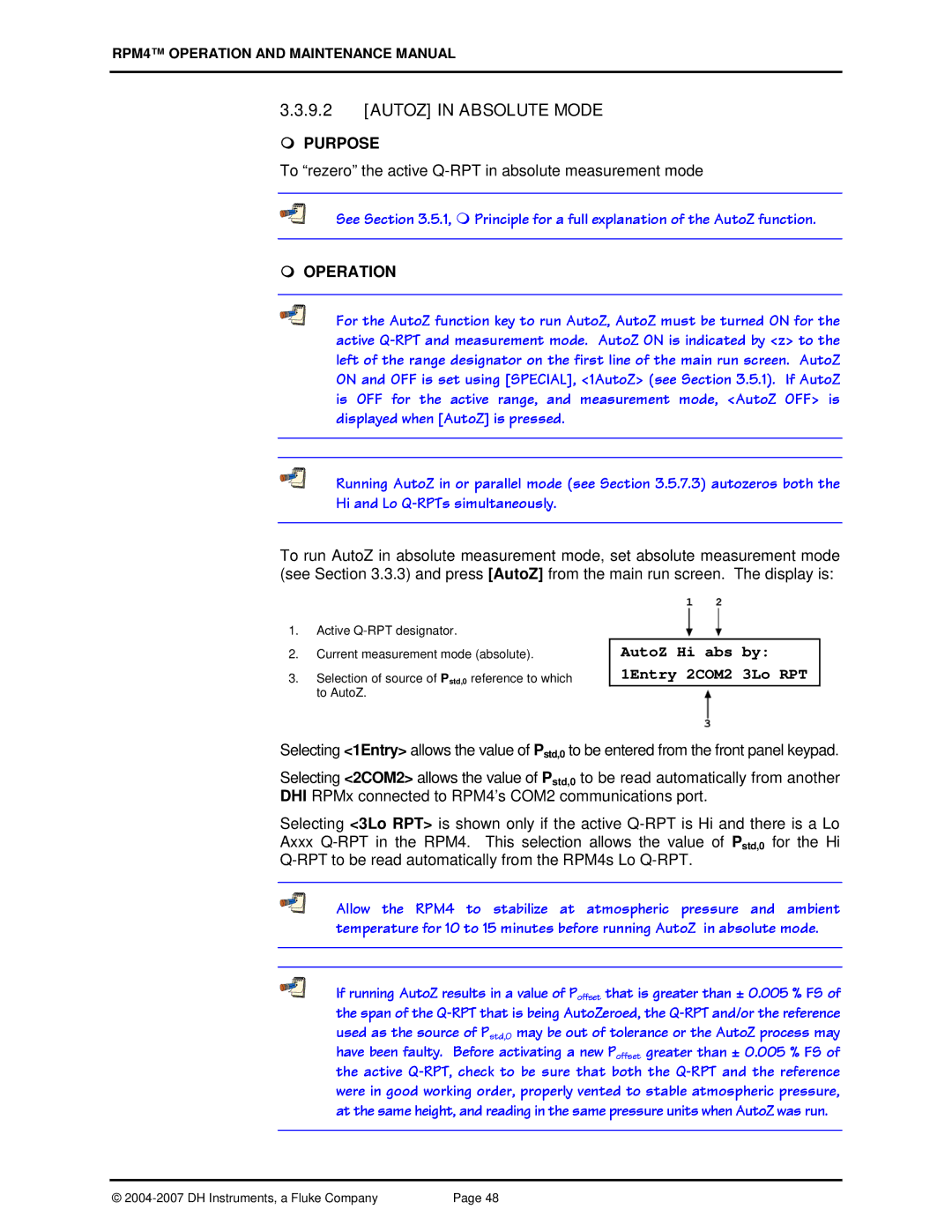 Fluke RPM4 manual Autoz in Absolute Mode, AutoZ Hi abs by 1Entry 2COM2 3Lo RPT 