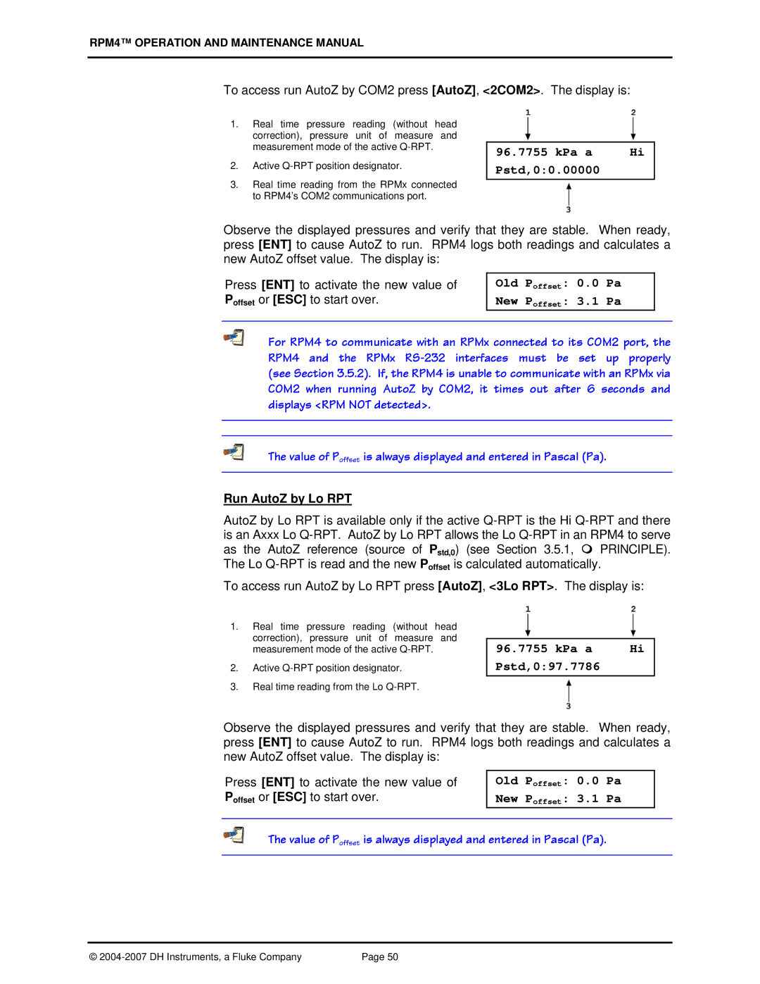 Fluke RPM4 manual Old Poffset 0.0 Pa New Poffset 3.1 Pa, Run AutoZ by Lo RPT, KPa a Pstd,097.7786 