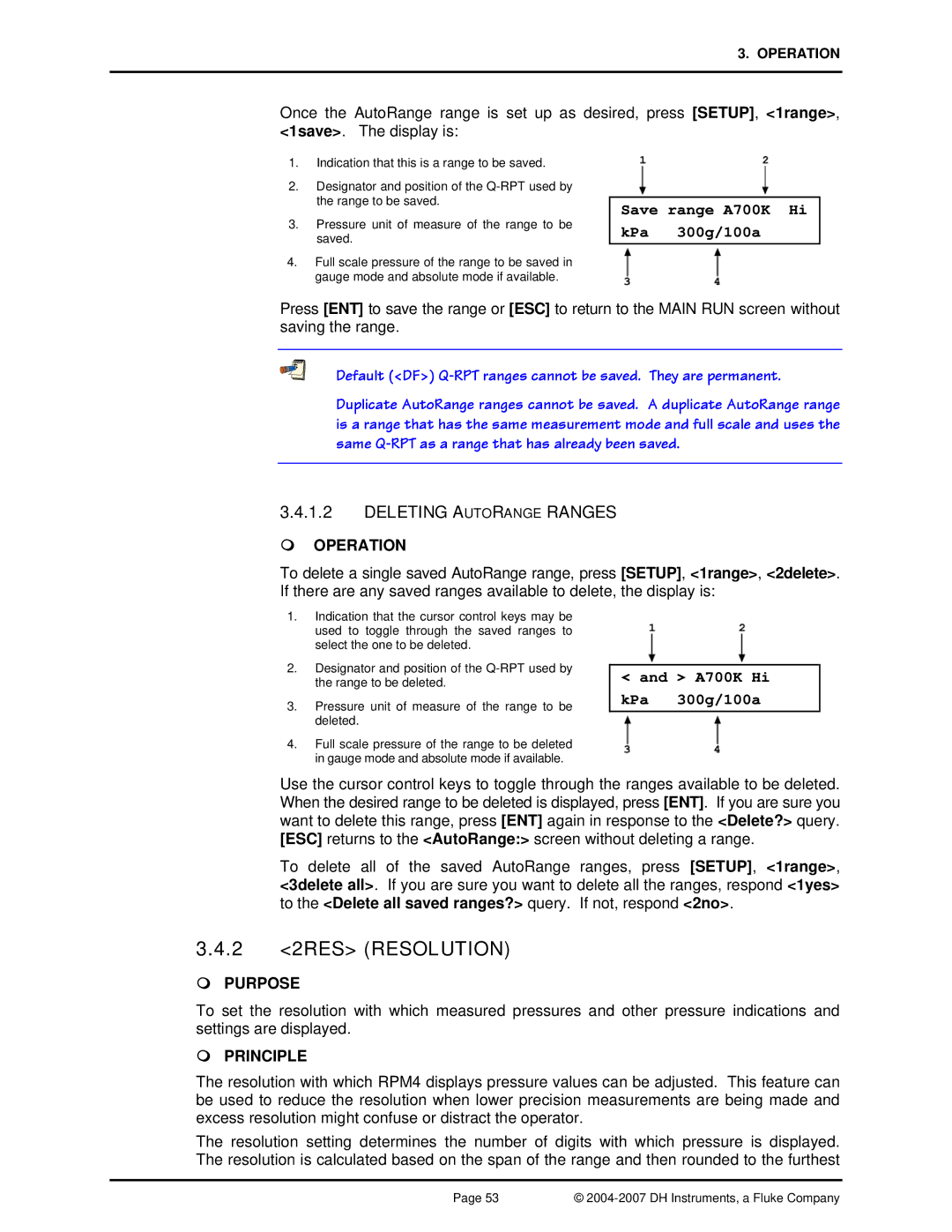 Fluke RPM4 manual 2 2RES Resolution, Deleting Autorange Ranges, Save range A700K Hi kPa 300g/100a 