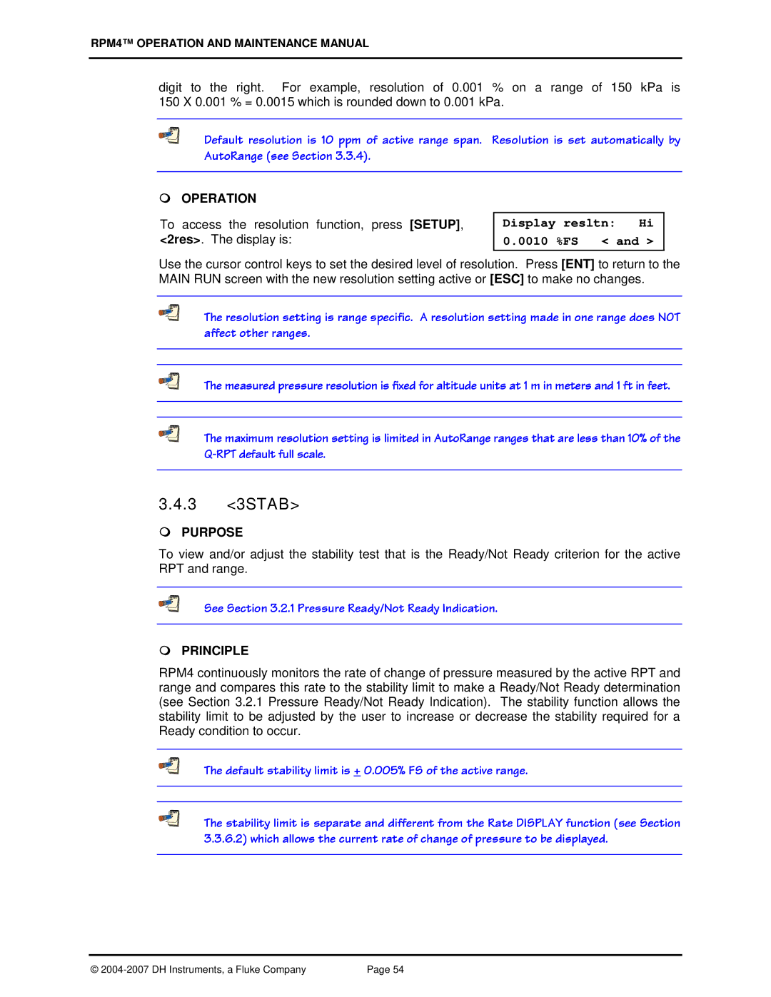 Fluke RPM4 manual 3 3STAB, Display resltn Hi 0.0010 %FS 