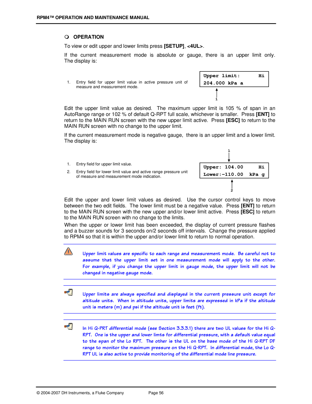 Fluke RPM4 manual Upper limit Hi 204.000 kPa a, Upper Lower-110.00 KPa g 