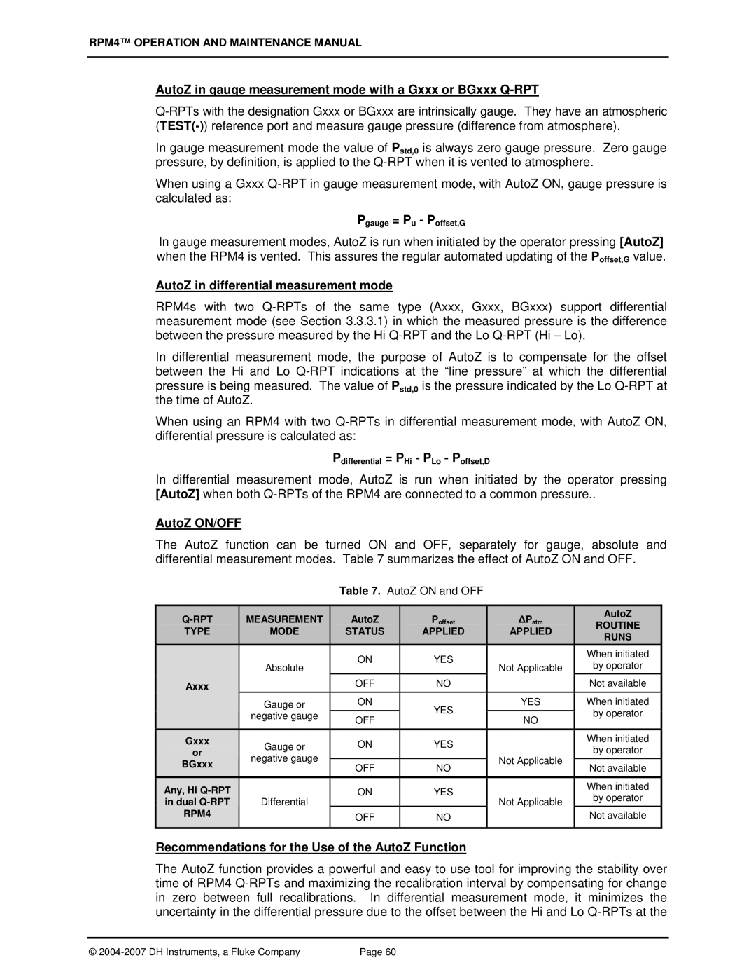 Fluke RPM4 manual AutoZ in gauge measurement mode with a Gxxx or BGxxx Q-RPT, AutoZ in differential measurement mode 