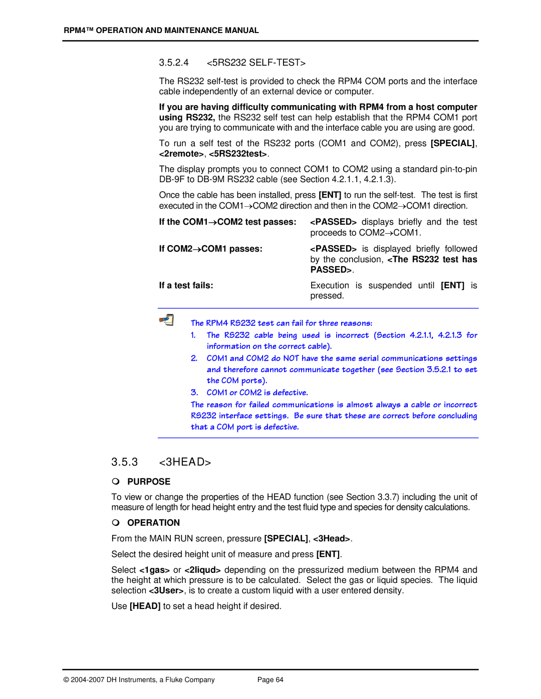 Fluke RPM4 manual 3 3HEAD, 2.4 5RS232 SELF-TEST, If a test fails 