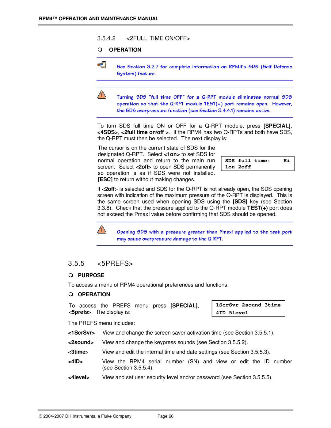 Fluke RPM4 manual 5 5PREFS, 4.2 2FULL Time ON/OFF, SDS full time Hi 1on 2off, 1ScrSvr 2sound 3time 4ID 5level 