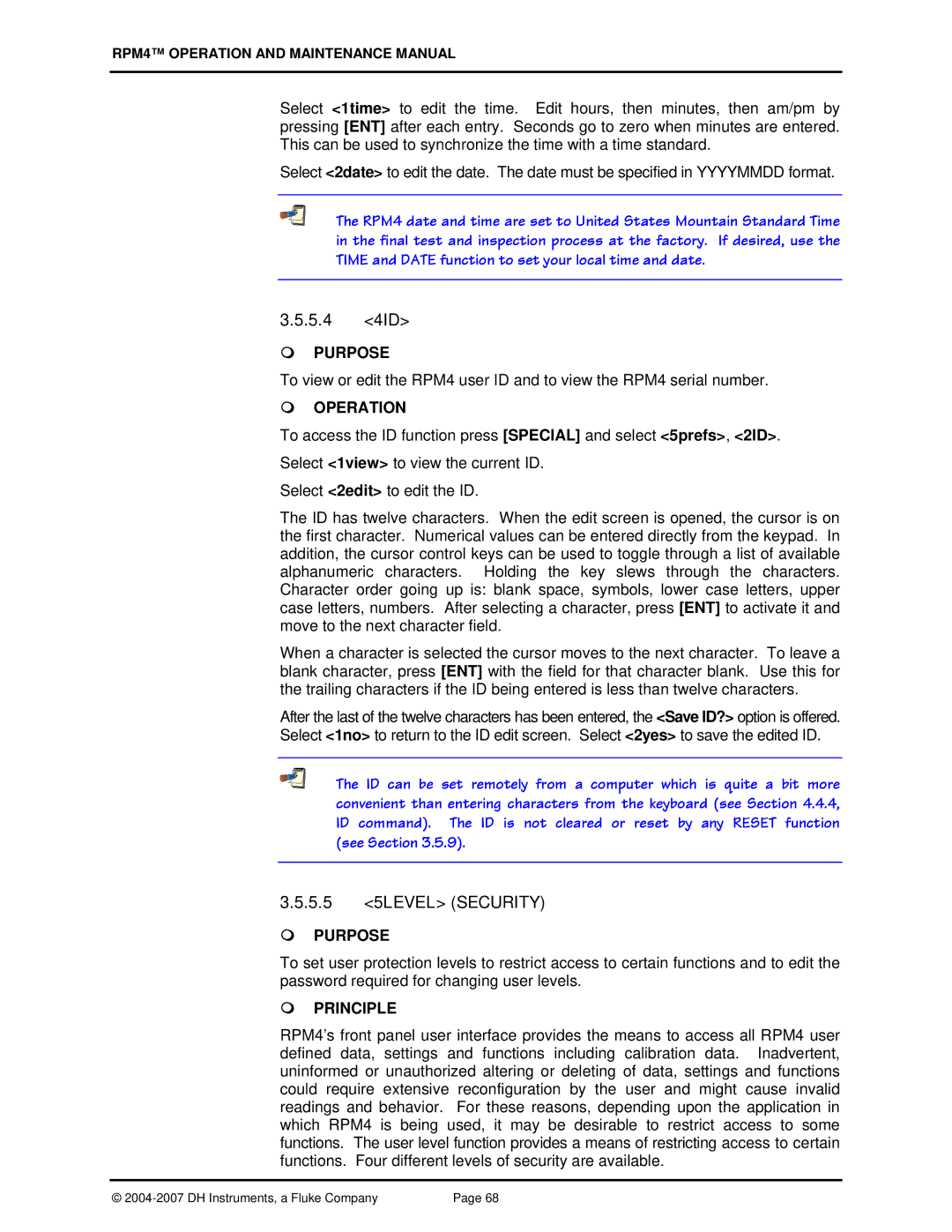 Fluke RPM4 manual 5.4 4ID, 5.5 5LEVEL Security 