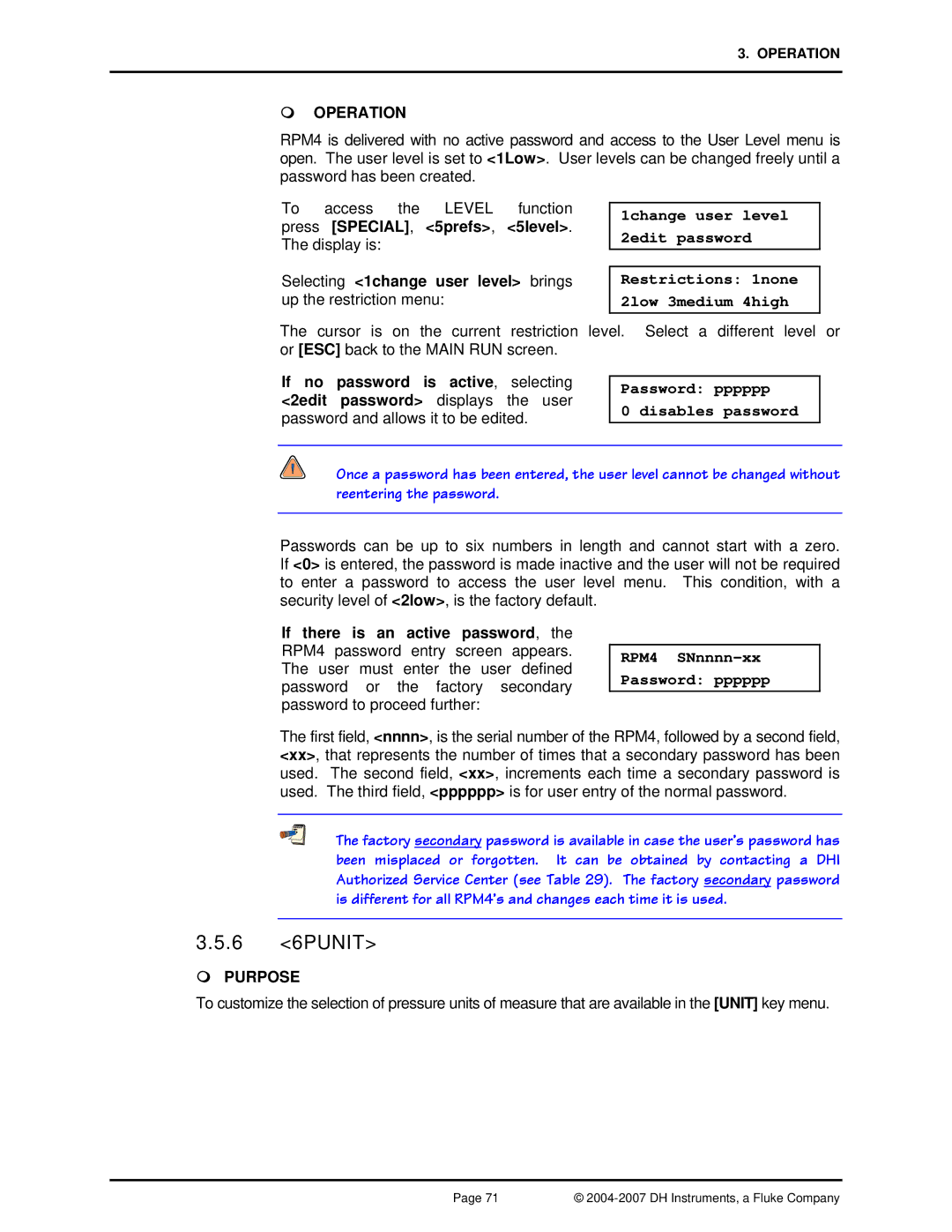 Fluke RPM4 manual 6 6PUNIT, Selecting 1change user level brings up the restriction menu, Password pppppp Disables password 