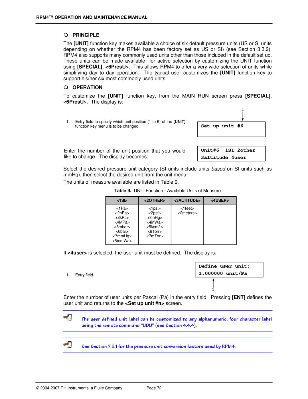 Fluke RPM4 Set up unit #6 Unit#6 1SI 2other 3altitude 4user, Define user unit 1.000000 unit/Pa, 2OTHER 3ALTITUDE 4USER 
