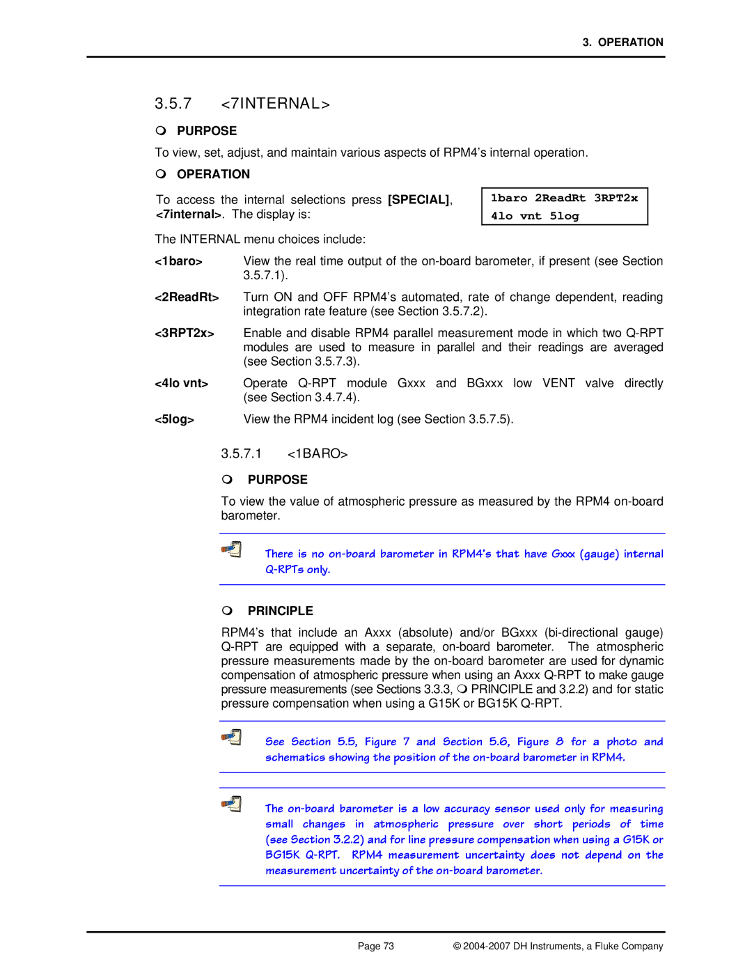 Fluke RPM4 manual 7 7INTERNAL, 7.1 1BARO, 1baro 2ReadRt 3RPT2x 4lo vnt 5log 