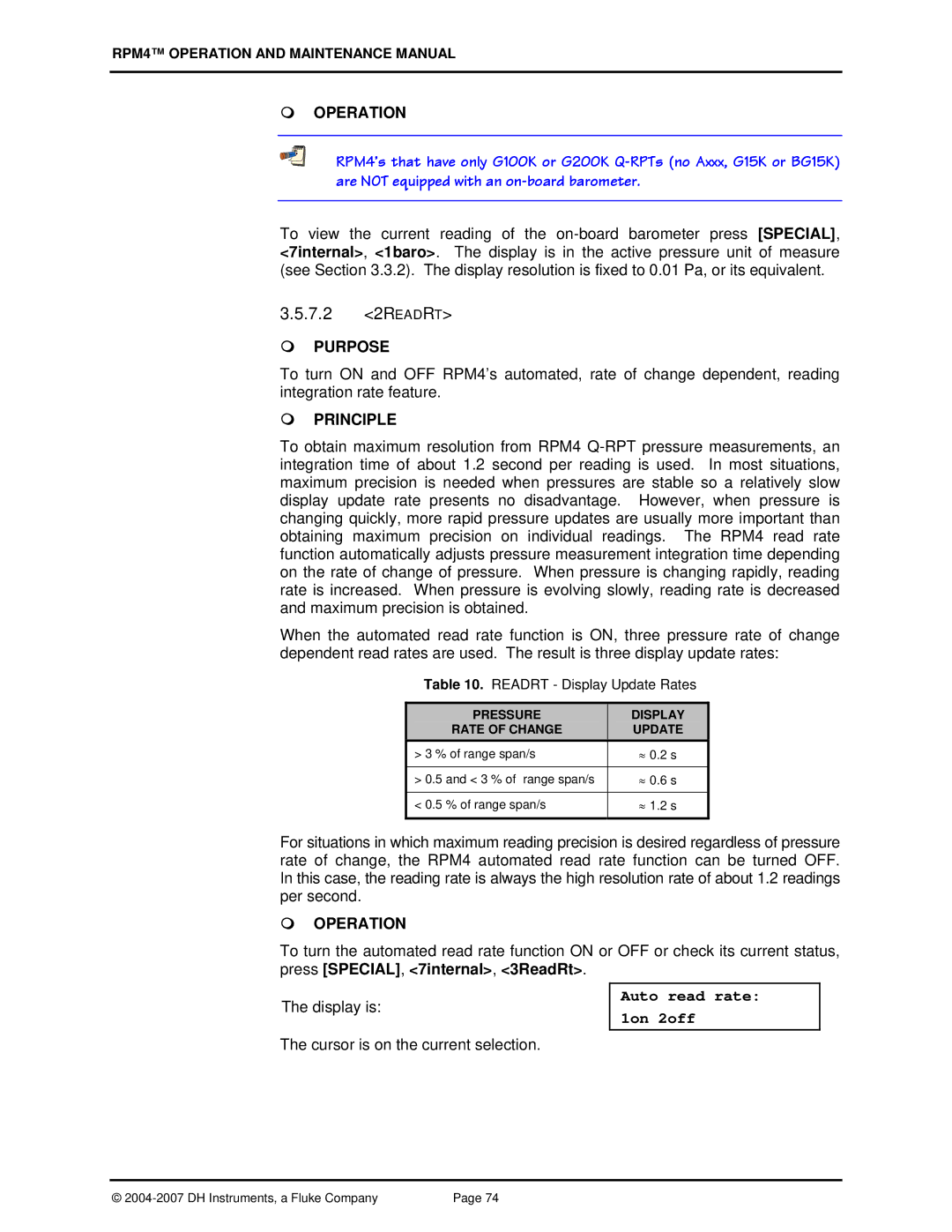 Fluke RPM4 manual 7.2 2READRT, Auto read rate 1on 2off, Pressure Display Rate of Change Update, of range span/s 