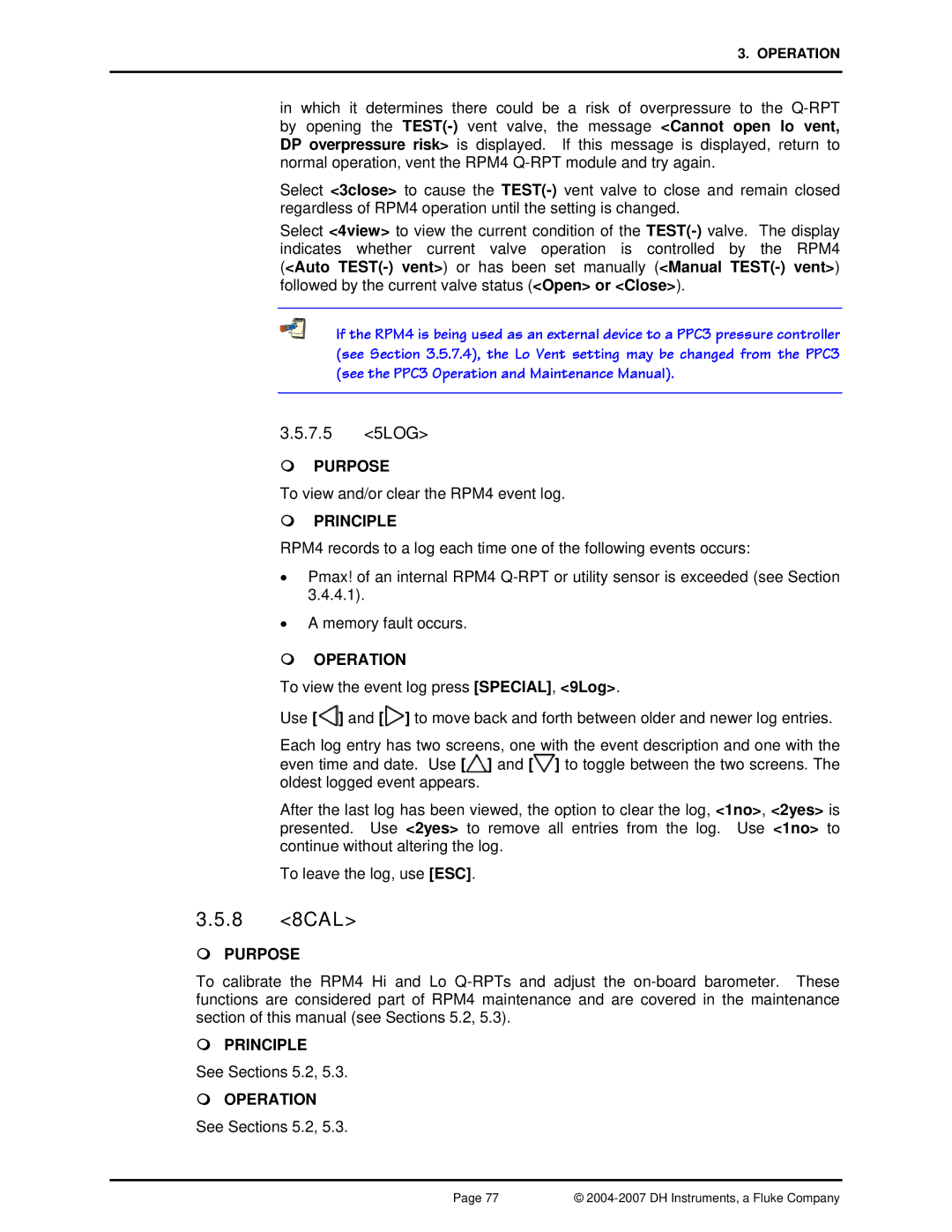 Fluke RPM4 manual 8 8CAL, 7.5 5LOG,  Operation See Sections 5.2 
