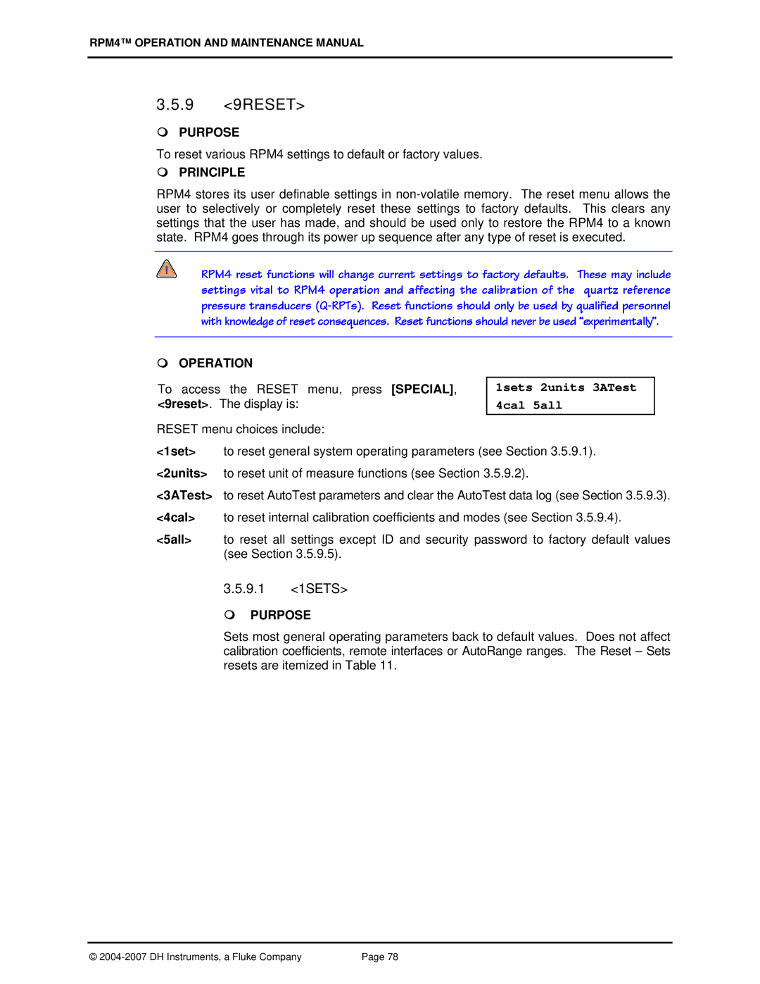 Fluke RPM4 manual 9 9RESET, 9.1 1SETS, 1sets 2units 3ATest 4cal 5all 