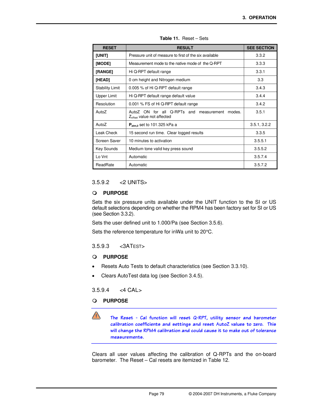 Fluke RPM4 manual 9.2 2 Units, 9.3 3ATEST, 9.4 4 CAL, Reset Result See Section Unit 