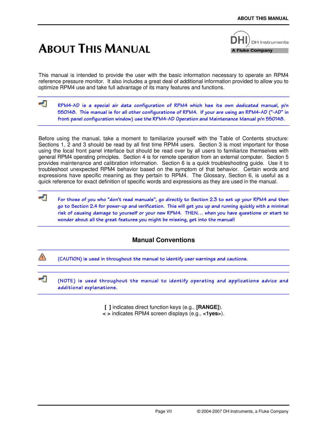 Fluke RPM4 manual About this Manual, Manual Conventions 