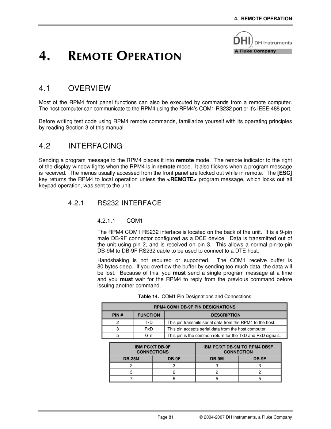 Fluke RPM4 manual Remote Operation, Overview, Interfacing, 1 RS232 Interface, 1.1 COM1 