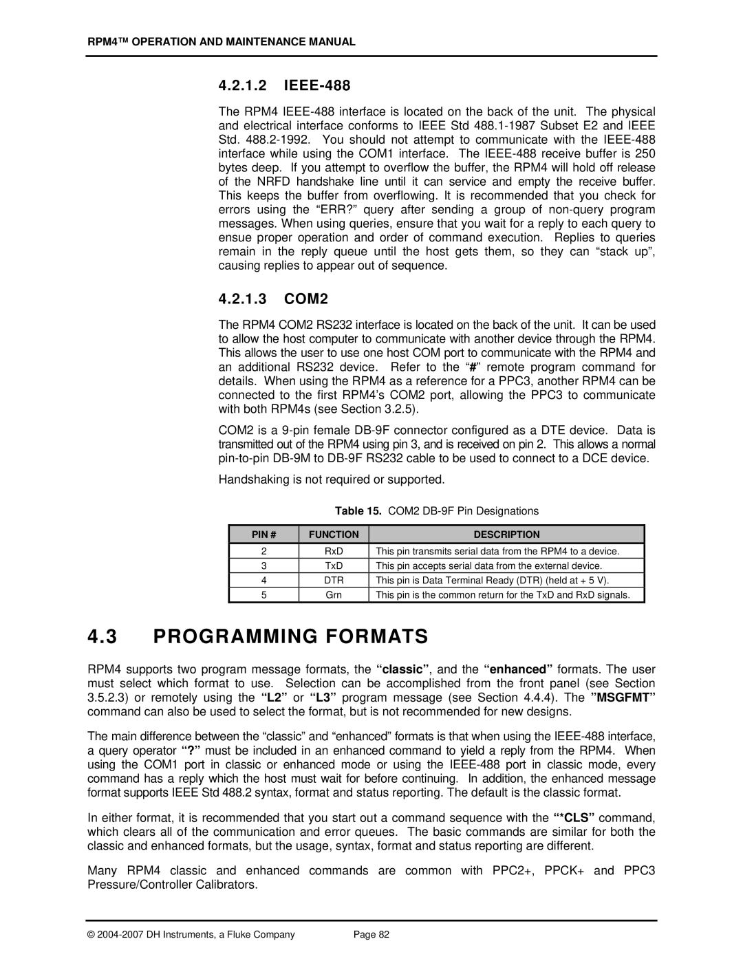 Fluke RPM4 manual Programming Formats, IEEE-488, 1.3 COM2, PIN # Function Description, Dtr 